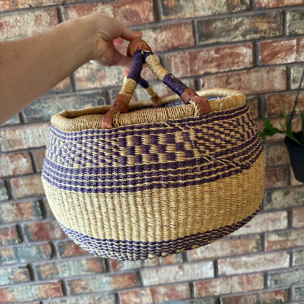 Handmade Woven Bolga Market Basket Purple Natural Straw Leather Handle